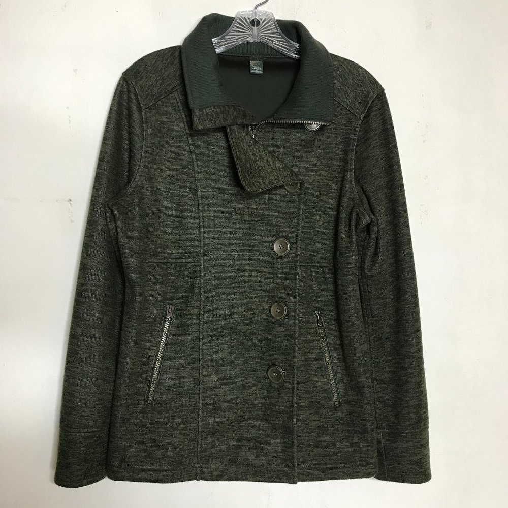 Prana Martine Dark Olive Green Heathered Moto Jacket Zip & Button Front Sz M